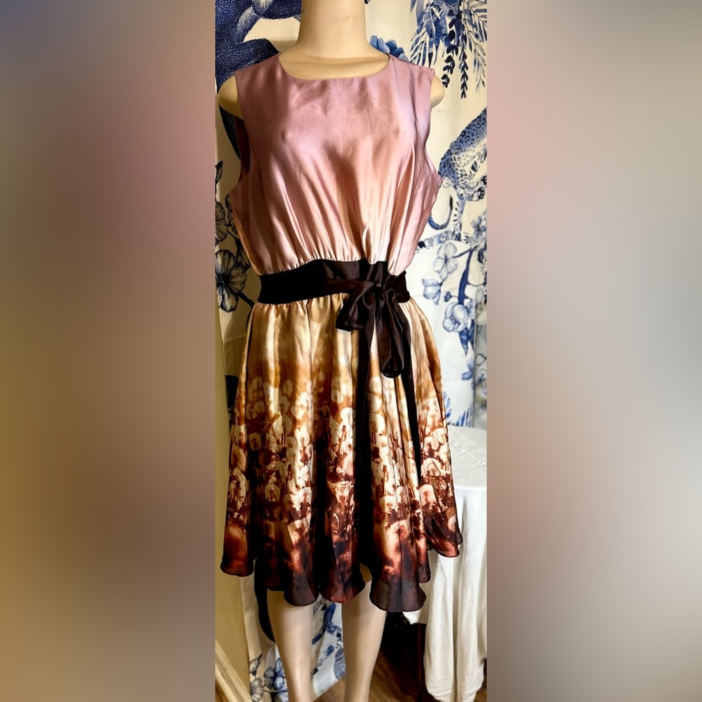 SALE•Ted Baker London Pink and Brown Midi Silky  A-Line Dress w Long Bow Ties.